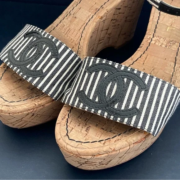 CHANEL Vintage Authentic Striped Fabric Platform Wedge Sandals w/ Cork Sole - Picture 3 of 15